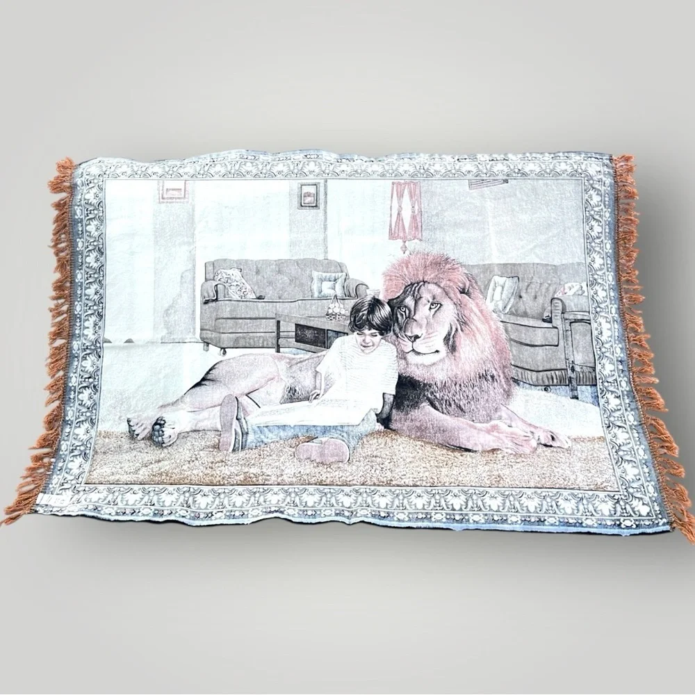 Vintage Decorative Tapestry Lion Child Reading Book